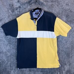 Van Heusen Polo Shirt Mens Large Blue Yellow Block Stripe Preppy Nautical Cotton